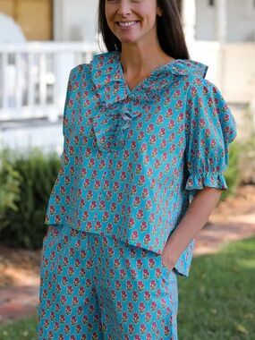 NEW Quiet Culture Pretty in Peace Millie Pant Set Blue Floral Block Print Large
